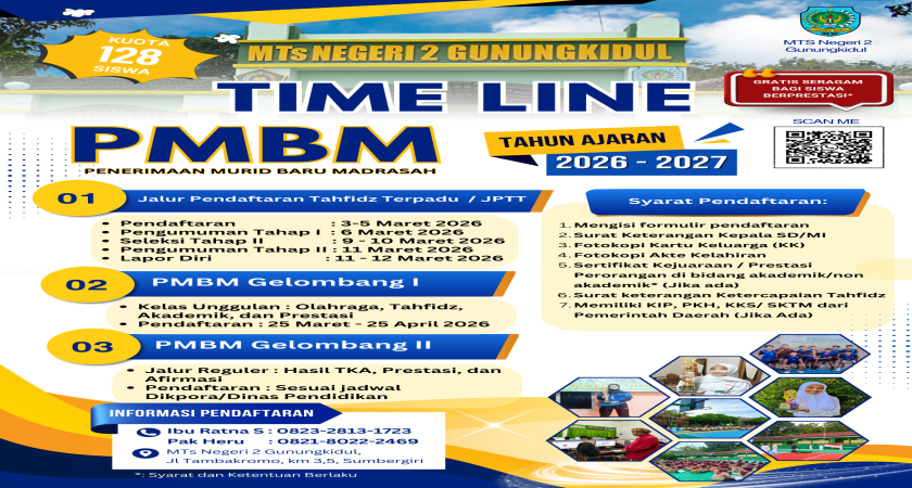 Timeline Pendaftaran Murid Baru Madrasah (PMBM) MTs Negeri 2 Gunungkidul Tahun 2026/2027